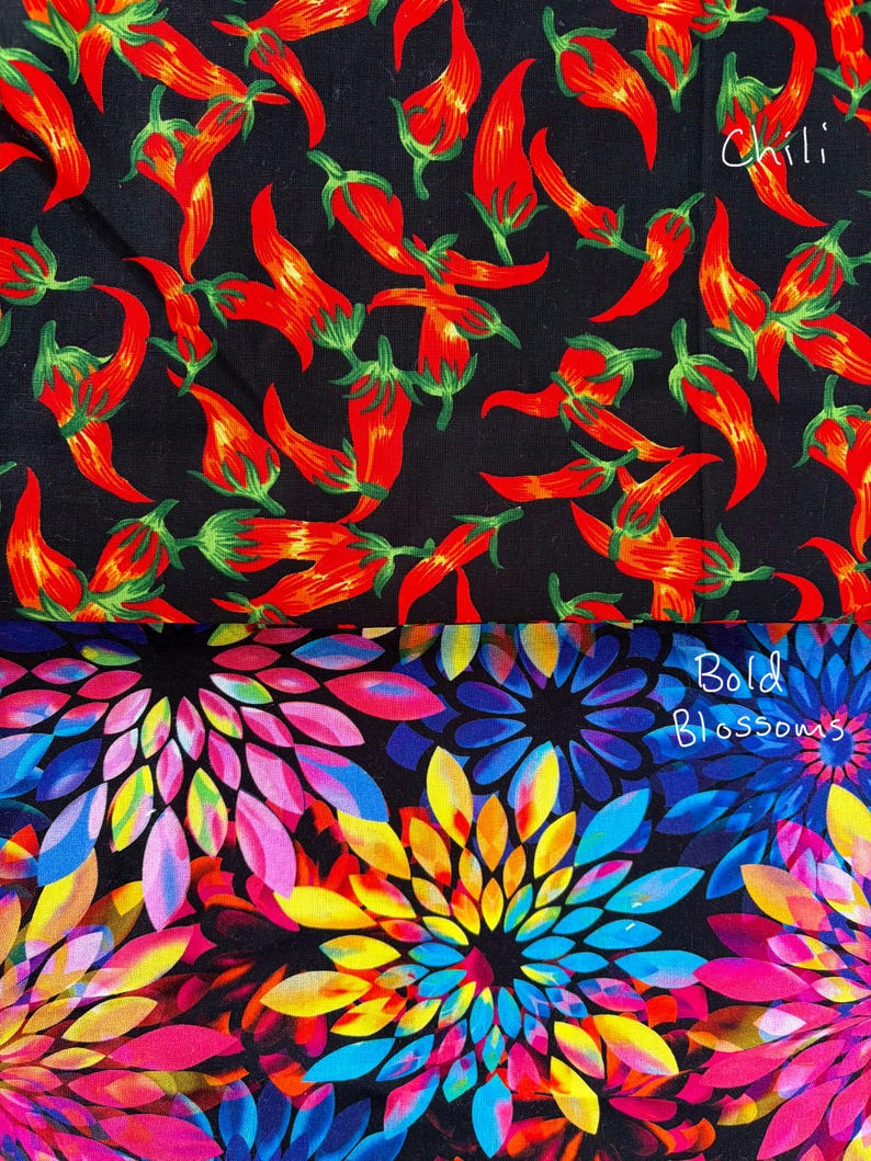 May include: Fabric with two distinct patterns. The top half features red chili peppers with green stems scattered on a black background, with the word "Chili" in white. The bottom half displays colorful, abstract floral designs with the words "Bold Blossoms" in white.