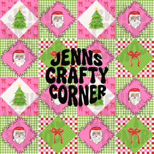 May include: A festive Christmas-themed pattern featuring Santa Claus, Christmas trees, and red bows on a pink and green checkered background. The text "JENNS CRAFTY CORNER" is prominently displayed in the center.