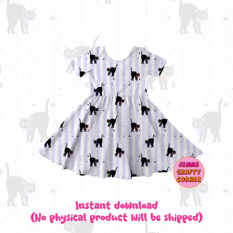 May include: A white and lavender striped dress featuring a pattern of black cats with colorful bow ties. The dress has short sleeves and a flared skirt. The text "JENNS CRAFTY CORNER" is visible on the image.