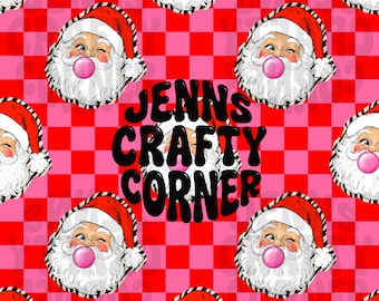 May include: A repeating pattern featuring Santa Claus faces wearing red hats and blowing pink bubblegum bubbles against a red and pink checkered background. The black text JENNS CRAFTY CORNER is centered over the pattern in a bold, rounded font.