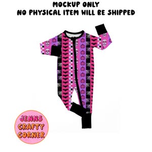 May include: A Halloween-themed onesie with a zipper closure. The onesie features a pattern of skulls, pumpkins, bats, and spiderwebs in shades of pink, purple, black, and white. The sleeves and feet are black. The text "MOCKUP ONLY NO PHYSICAL ITEM WILL BE SHIPPED" is at the top.