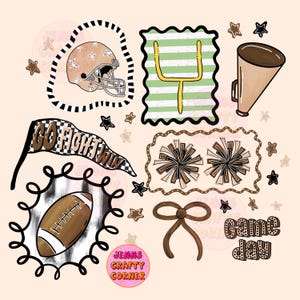 Puede incluir: Una colección de ilustraciones con temática de fútbol americano, que incluye un casco marrón con estrellas, un poste de portería, un megáfono, pompones, un lazo y un balón de fútbol. La imagen también presenta una pancarta que dice "GO FIGHT WIN" y las palabras "Game Day".