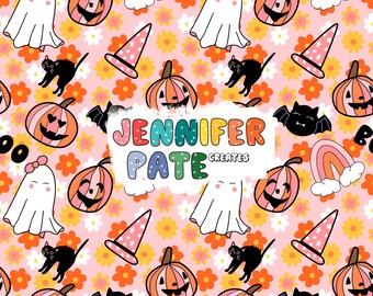 Könnte beinhalten: Ein nahtloses Muster im Halloween-Stil in Rosa und Orange mit Geistern, Kürbissen, Fledermäusen, schwarzen Katzen, Hexenhüten, Regenbögen und Blumen. Der Text "Jennifer Pate Creates" befindet sich in der Mitte des Musters.