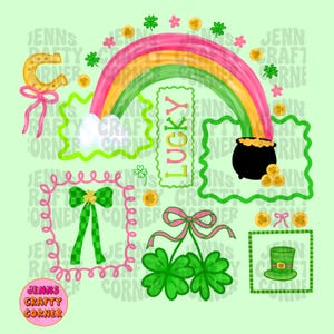 May include: A St. Patrick's Day themed illustration with a rainbow, pot of gold, shamrocks, and a horseshoe. The word "LUCKY" is displayed in a green and pink frame. The image has a light green background and includes the text "JENNS CRAFTY CORNER".