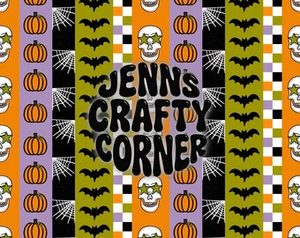 May include: A Halloween pattern with pumpkins, bats, spiderwebs, and skulls wearing star-shaped sunglasses. The design incorporates vertical stripes in orange, purple, black, and green, with the text "JENNS CRAFTY CORNER" in the centre.