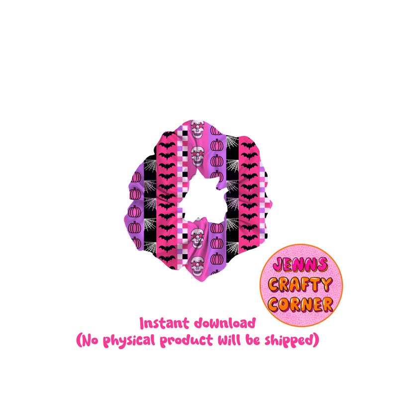 May include: A Halloween-themed scrunchie with a repeating pattern of bats, spiderwebs, pumpkins, and skulls on a pink and purple striped background. The scrunchie is a digital download from Jenn's Crafty Corner.