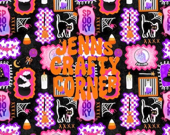 Trendy witch themed Halloween frames Seamless File | girly spooky patchwork repeat design , neon Halloween paper digital download