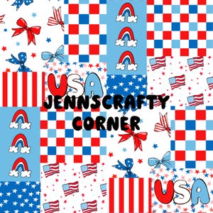 Op de afbeelding: Een digitaal papierpakket met een rood-wit-blauw patriottisch thema. Het pakket bevat verschillende patronen met sterren, strepen, strikken, regenbogen en het woord "USA". De tekst "Jennscrafty Corner" is ook inbegrepen.