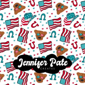 May include: A seamless pattern featuring a cartoon dog wearing sunglasses, a cowboy hat, and a horseshoe. The pattern also includes red, white, and blue American flags and stars. The text "Jennifer Pate Creates" is in the center of the image.