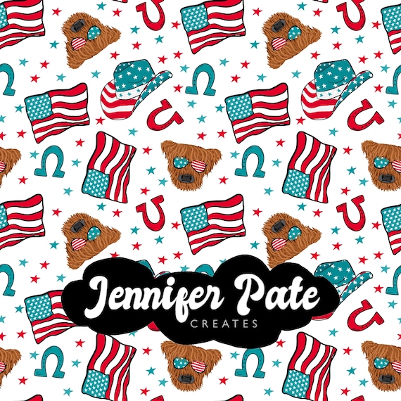 Patriotic Western highland cow | 4th of July Western Seamless File | Repeating File | Seamless Pattern | Fabric Sublimation
