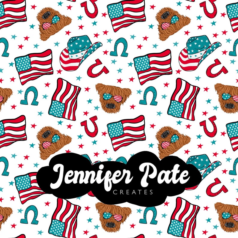 May include: A seamless pattern featuring a cartoon dog wearing sunglasses, a cowboy hat, and a horseshoe. The pattern also includes red, white, and blue American flags and stars. The text "Jennifer Pate Creates" is in the center of the image.