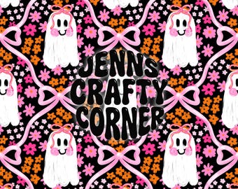 Girly Halloween ghost floral Seamless Repeating Pattern | pink orange coquette floral ghost fabric design | colorful spooky surface design