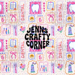 May include: A repeating pattern featuring dental-themed illustrations. The design includes images of teeth, dental tools, toothbrushes, and toothpaste tubes, along with the text "DENTAL" and "JENNS CRAFTY CORNER". The background is a light beige with colorful polka dots.