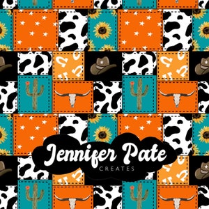 May include: A seamless pattern featuring a patchwork design with various elements, including cowhide print, sunflowers, cacti, cowboy hats, and skulls. The background is black, and the pattern is repeated throughout the image. The text "Jennifer Pate Creates" is displayed in the center of the image.