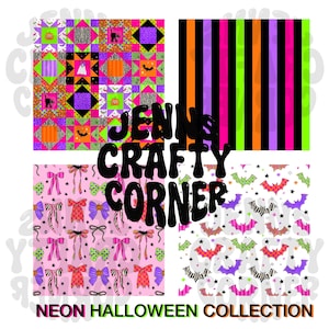 Neon Halloween seamless pattern Collection 2026 - Retro Bats, Quilt patchwork, Striped, and Bows