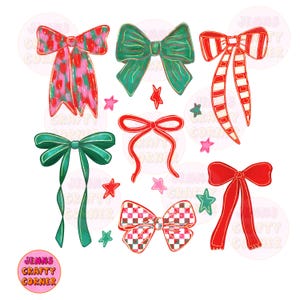 May include: A collection of digitally illustrated bows in various colors and patterns. The bows include red, green, and pink designs, some with gold outlines. Scattered around the bows are star shapes in pink, red, and green. The image includes the text "Jenns Crafty Corner".