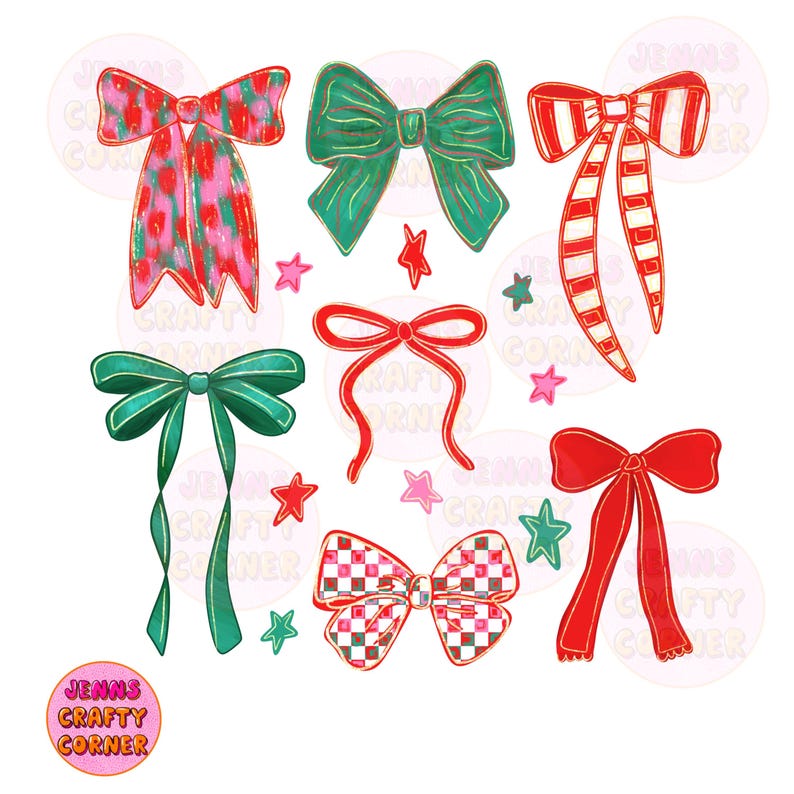 May include: A collection of digitally illustrated bows in various colors and patterns. The bows include red, green, and pink designs, some with gold outlines. Scattered around the bows are star shapes in pink, red, and green. The image includes the text "Jenns Crafty Corner".