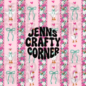 May include: A repeating pattern featuring white geese with orange feet and beaks, wearing glasses or hats, and holding flowers. The design includes pink hearts, bows, and floral stripes, with the text "JENNS CRAFTY CORNER" in black.
