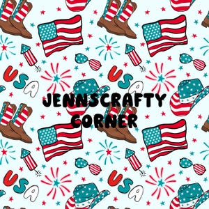 May include: A seamless pattern featuring red, white, and blue stars, fireworks, cowboy boots, and American flags. The text "Jennscrafty Corner" is written in black letters.