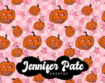 File senza cuciture di zucca alla moda a scacchi rosa preppy / File senza cuciture di Halloween rosa / File ripetuto / Motivo senza cuciture / Sublimazione del tessuto