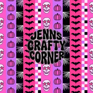 May include: A repeating pattern featuring Halloween-themed elements. Pink pumpkins, white spiderwebs, and black bats alternate with pink and purple stripes. White skulls with star-shaped sunglasses are also present. The text "JENNS CRAFTY CORNER" is in the center.