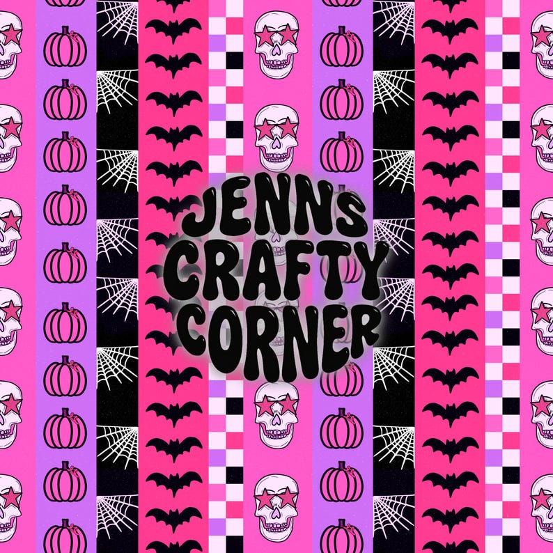 May include: A repeating pattern featuring Halloween-themed elements. Pink pumpkins, white spiderwebs, and black bats alternate with pink and purple stripes. White skulls with star-shaped sunglasses are also present. The text "JENNS CRAFTY CORNER" is in the center.
