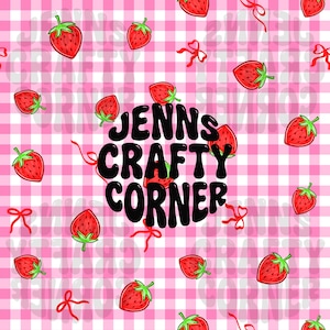 May include: A repeating pattern featuring red strawberries with green stems and red bows scattered on a pink and white gingham background. The text "JENNS CRAFTY CORNER" is in black, bold letters.
