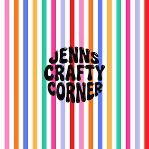 May include: A colorful background with vertical stripes in red, pink, orange, yellow, green, blue, and white. The text "JENNS CRAFTY CORNER" is in a black, bubble-style font, centered on the image.