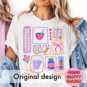 May include: White t-shirt with a colorful pharmacy-themed design. The design includes a mortar and pestle, prescription symbols, pills, and a medicine bottle. The words "PHARMACY" and "Original design" are also visible.
