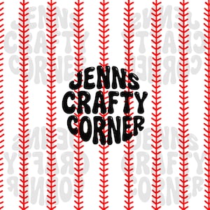 May include: White background with a repeating pattern of red baseball stitching. Centered is a black circle with the text "JENNS CRAFTY CORNER" in a bold, rounded font. The design is suitable for crafting projects.
