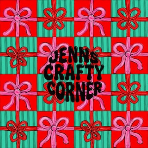 May include: A repeating pattern of red squares with pink and red bows on a teal striped background. The text "JENNS CRAFTY CORNER" is in the center of the image in black bubble letters. The image has a festive, gift-giving theme.