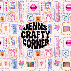 May include: A repeating pattern with the text "JENNS CRAFTY CORNER" in the center. The design includes speech therapy elements, such as speech bubbles, lips, bows, apples, and a communication board, all in a colorful, playful style.