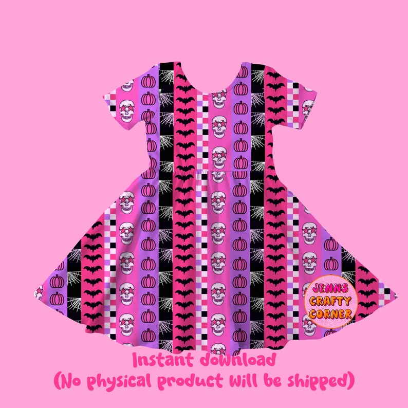 May include: A short-sleeved dress with a Halloween-themed pattern. The design features vertical stripes of pumpkins, skulls, bats, and spiderwebs in pink, purple, black, and white. The dress has a round neckline and a flared skirt. The text "Instant download" is visible.