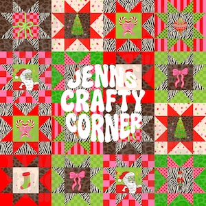 May include: A patchwork quilt featuring a repeating star pattern with various holiday motifs including Santa Claus, Christmas trees, candy canes, ornaments, bows, and stockings, set against animal print and checkered backgrounds with the text JENN'S CRAFTY CORNER.