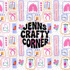 May include: A repeating pattern on a white background featuring medical-themed illustrations. The design includes lungs, stethoscopes, bows, and the text "Respiratory Therapist." The words "JENNS CRAFTY CORNER" are in the center.