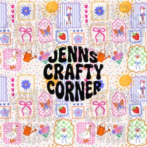 May include: A repeating pattern featuring various framed illustrations. These include a butterfly, strawberry, flower, goose, and watering can. The text "JENNS CRAFTY CORNER" is prominently displayed in the center, surrounded by colorful polka dots and decorative elements.