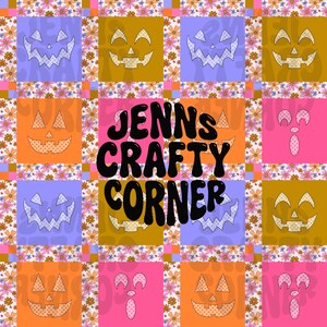 May include: A digital pattern featuring a grid of squares with jack-o'-lantern faces and floral motifs in orange, pink, purple, and gold. The text JENNS CRAFTY CORNER is printed in large black letters across the center of the repeating design.