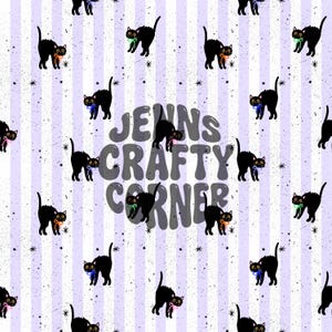 May include: A repeating pattern featuring black cat illustrations with colorful bows on a light purple and white striped background. The text "JENNS CRAFTY CORNER" is in the center of the image.