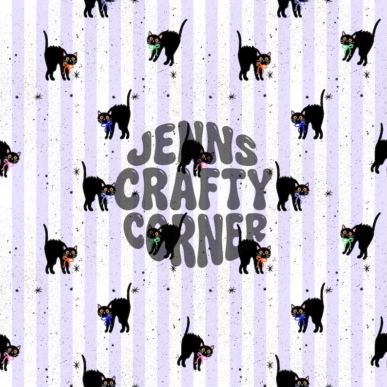 May include: A repeating pattern featuring black cat illustrations with colorful bows on a light purple and white striped background. The text "JENNS CRAFTY CORNER" is in the center of the image.