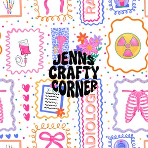 May include: A colourful pattern with medical illustrations, including an X-ray, a radiation symbol, and a rib cage. The design incorporates pink, orange, and blue, with the text "JENNS CRAFTY CORNER" in the centre, set against a white background.
