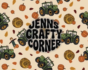 May include: A repeating pattern featuring green tractors, orange pumpkins, hay bales, and fall leaves on a beige background. The text "JENNS CRAFTY CORNER" is in the center. The design evokes a harvest or autumn theme.