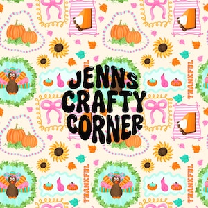 Op de afbeelding: Herfstthema patroon met pompoenen, zonnebloemen, bladeren en kalkoen illustraties. Het ontwerp bevat de tekst "JENNS CRAFTY CORNER" in een vetgedrukte lettertype en het woord "THANKFUL".
