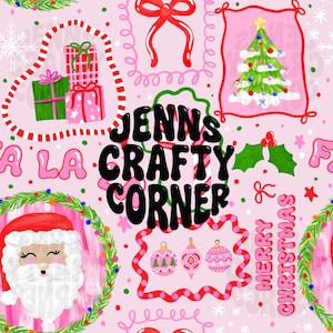 Op de afbeelding: Een roze kerstpatroon met diverse feestelijke elementen. Het ontwerp bevat cadeau dozen, een kerstboom, de kerstman, ornamenten, strikken en de tekst "Jenn's Crafty Corner" en "Merry Christmas". De algehele esthetiek is vrolijk en kleurrijk.