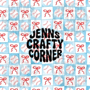 May include: A repeating pattern featuring baseballs, red bows, and a blue and white checkered background. The text "JENNS CRAFTY CORNER" is in the center. The baseballs have red stitching.