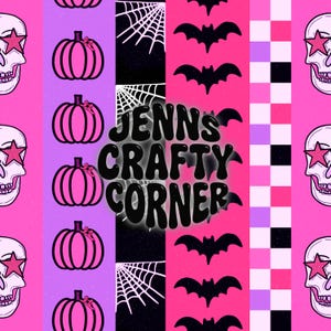 May include: A repeating pattern featuring Halloween-themed elements. Pink pumpkins, skulls with star-shaped eyes, black bats, and spiderwebs are set against pink, purple, and black backgrounds. The text "JENNS CRAFTY CORNER" is also included.