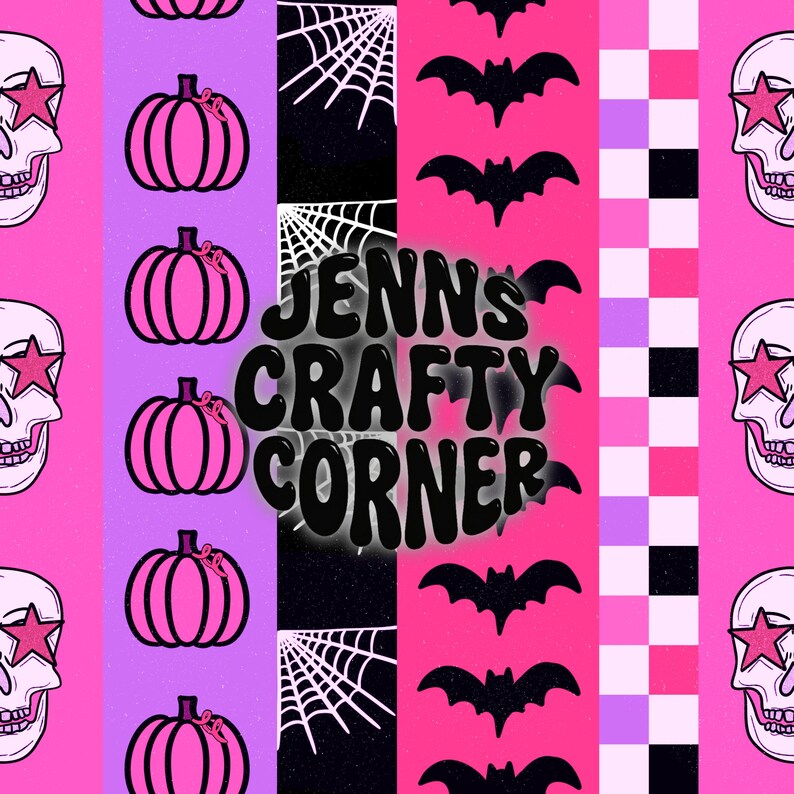 May include: A repeating pattern featuring Halloween-themed elements. Pink pumpkins, skulls with star-shaped eyes, black bats, and spiderwebs are set against pink, purple, and black backgrounds. The text "JENNS CRAFTY CORNER" is also included.