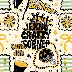 May include: A repeating pattern featuring football-themed elements. Includes a football, helmet, pom-poms, stars, and the text "GO FIGHT WIN" and "Game Day". The text "JENNA'S CRAFTY CORNER" is also present. The color scheme is black, gold, and cream.