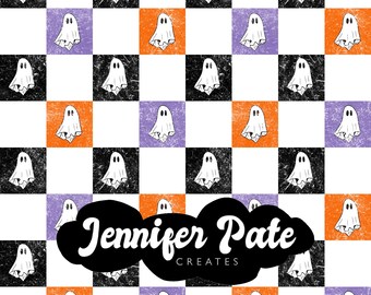 Puede incluir: Un patrón sin costuras que presenta fantasmas blancos con ojos negros sobre un fondo a cuadros. Los cuadrados son naranja, morado y negro. El texto "Jennifer Pate Creates" está en el centro de la imagen.