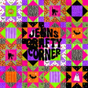 May include: A vibrant patchwork quilt design featuring a grid of squares with neon colors, animal prints, and Halloween motifs including pumpkins, black cats, ghosts, bats, and spiderwebs. The text JENNS CRAFTY CORNER is centered in black.