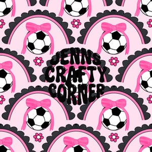 May include: A repeating pattern featuring soccer balls with pink bows, set within pink arches with black scalloped edges. Small pink flowers are scattered throughout. The text "JENNS CRAFTY CORNER" is in the center, in black bubble letters, on a pink background.